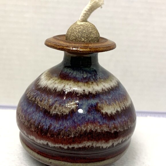 Drip Glazed Pottery Oil Lamp Handcrafted Signed Hough Footed Unused - Picture 1 of 4